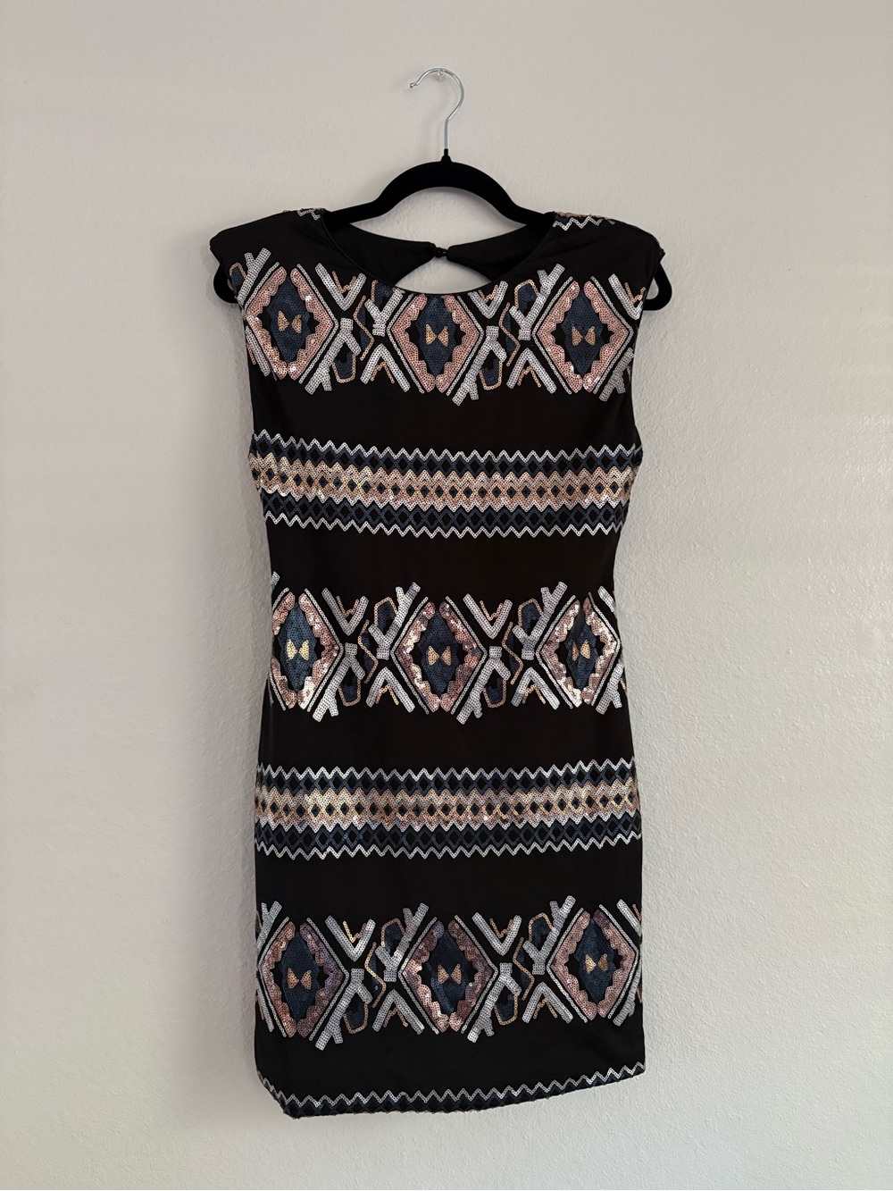 As U Wish Size L Black Tribal Boat Neck Cut Out Sequined Fitted Mini Dress